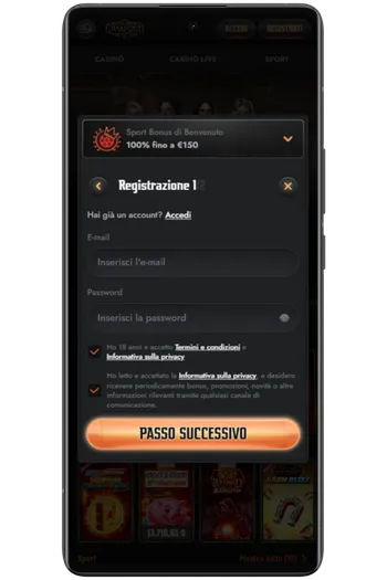 Primo step registrazione Gransino con campi email e password