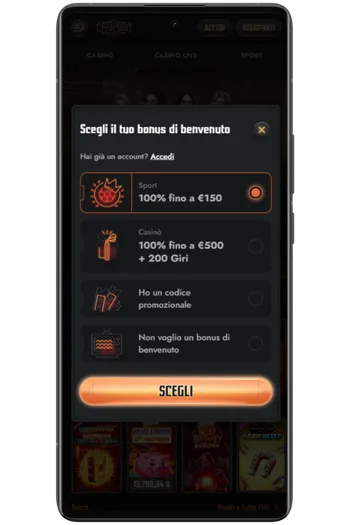 Schermata selezione bonus Gransino con opzioni sport e casinò